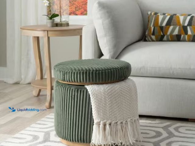 Lot 49-2022646 - Linon Home Decor Savoy Corduroy Green Polyester Round Storage Accent Small Ottoman, Model # ST011COR...