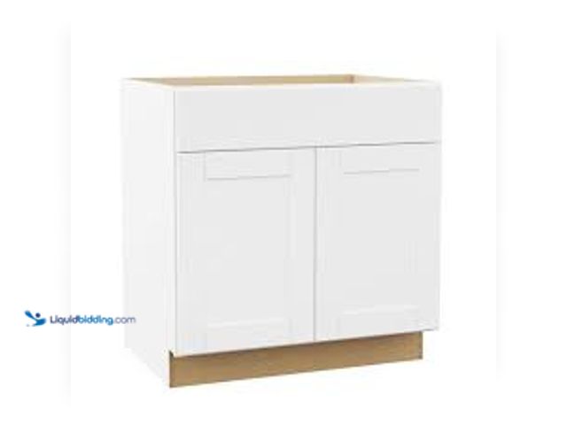 Lot 49-5479070 - Hampton Bay Shaker 33 in. W x 24 in. D x 34.5 in. H Assembled Sink Base Cabinet in Satin White. Mode...