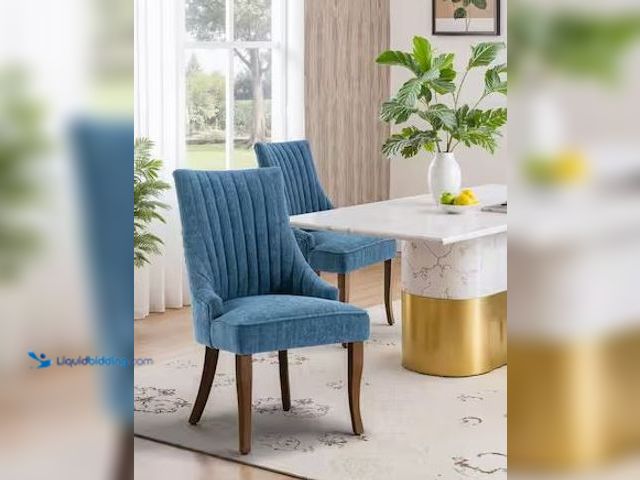 Lot 49-1568815 - WONDER COMFORT Chic Blue Linen Channel Tufted Back Dining Chairs Set of 2 with Curved Solid Wood Leg...