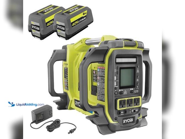 Lot 49-2021729 - RYOBI 40V 1800-Watt Portable Battery Inverter Power Station and 4-Port Charger with (2) 6.0 Ah Batte...