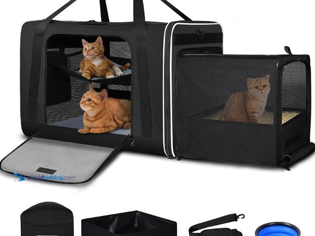Lot 49-5556019 - Side Expandable Extra Large Cat Carrier with Litter Box, Black | 24"x17"x17", Lockable Safety Zipper...