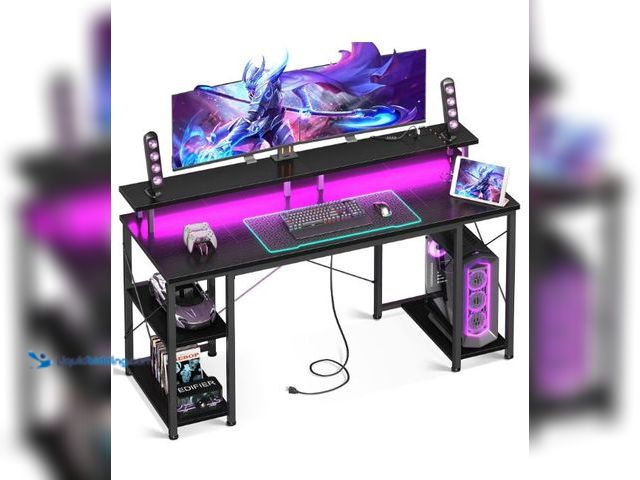 Lot 49-1517463 - ODK 55 inch Gaming Desk with LED Lights & Power Outlets, Computer Desk with Monitor Stand & Storage ...