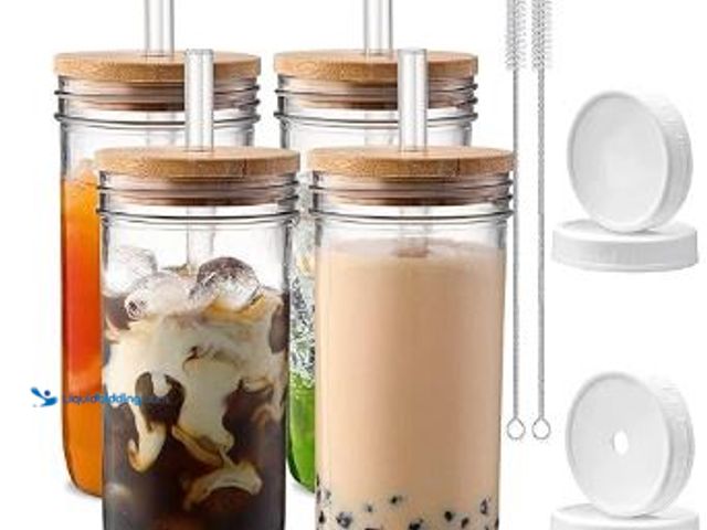 Lot 49-1517008 - DWTS DANWEITESI Glass Cups with Lids and Straws,24 oz Smoothie Cup with Lid and Straw-Boba Mason Jar...