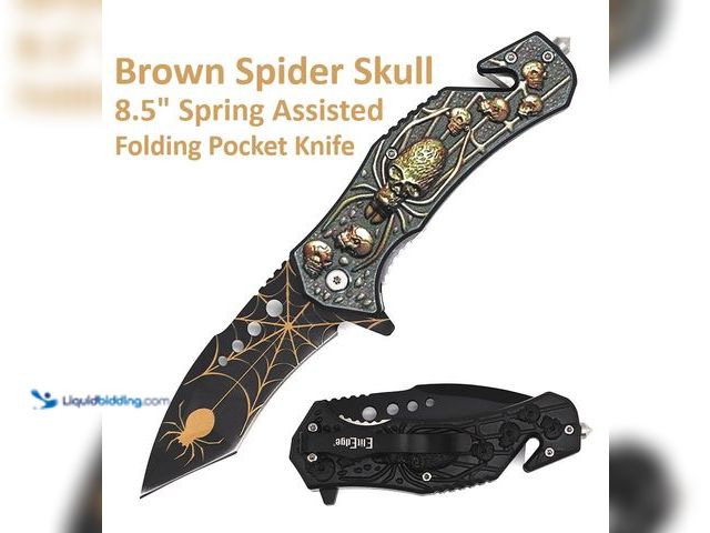Lot 49-3430622 - Spring Assisted Pocket Knife 8.5" Brown Spider Skull - NEW - The Brown Spider Skull Spring Open Assi...