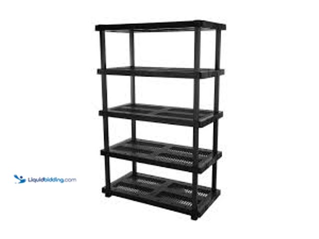 Lot 49-5476893 - HDX 5 Tier Plastic Adjustable Garage Storage Shelving Unit in Black (48 in. W x 75 in. H x 24 in. D)...