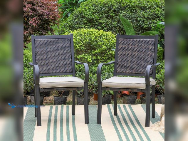 Lot 49-5408566 - Black Rattan Metal Patio Outdoor Dining Chair with Beige Cushion (2-Pack)[Model # THD-PV-004] Unused