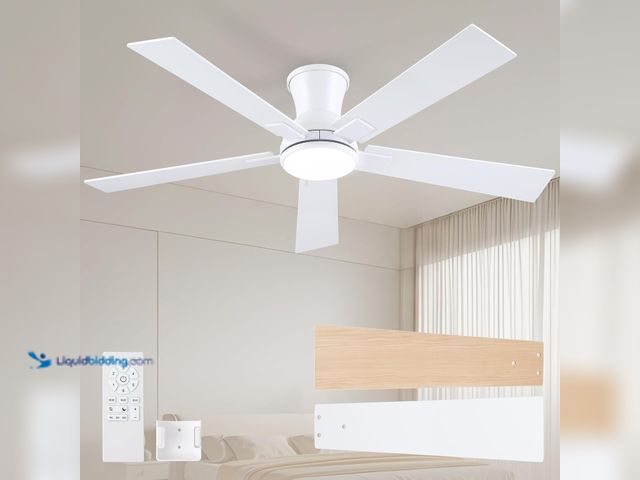 Lot 49-5445933 - 52 Inch White Flush Mount Ceiling Fan with Light, 3CCT Dimmable LED, 6-Speed Remote Control, Reversi...