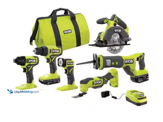 Lot 49-1630783 - RYOBI ONE+ 18V Cordless 6-Tool Combo Kit with 1.5Ah and 4.0Ah Batteries, Charger, Model # PCL1600K2-...