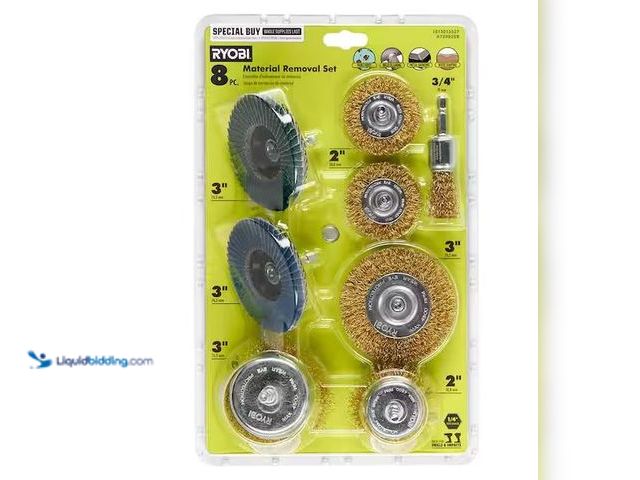 Lot 49-5561081 - RYOBI
Material Removal Set with (6) Wire Wheels and (2) Flap Discs (8-Pieces), Factory Sealed