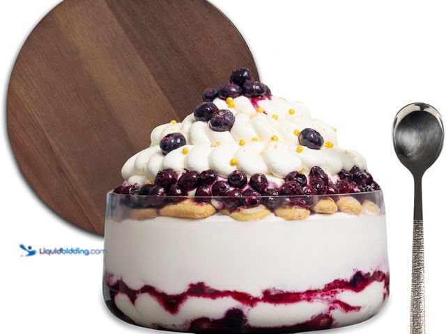 Lot 49-5408094 - Large Trifle Bowl with Lid (130oz) - Silver Serving Spoon & Acacia Wood Lid - Trifle Bowl Glass, Gla...
