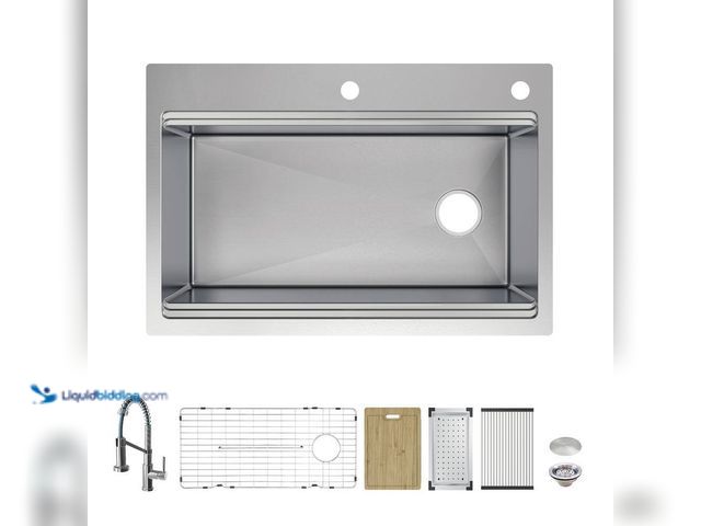 Lot 49-5414572 - glacier bay Dolancourt Tight Radius 33 in. Drop-In Single Bowl 18G Stainless Steel Workstation Kitch...