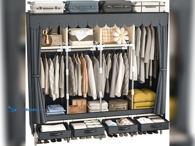 Lot 49-5543704 - Large Portable Wardrobe with 4 Hanging Rods and Drawers, Armoire, Metal Storage Wardrobe Hangers, Up...