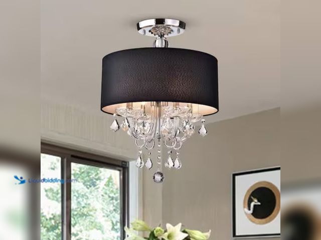 Lot 49-2005732 - GREENVILLE SIGNATURE Sete 16.5 in. 4-Light Chrome Semi-Flush Mount with Black Fabric Shade and No Bu...