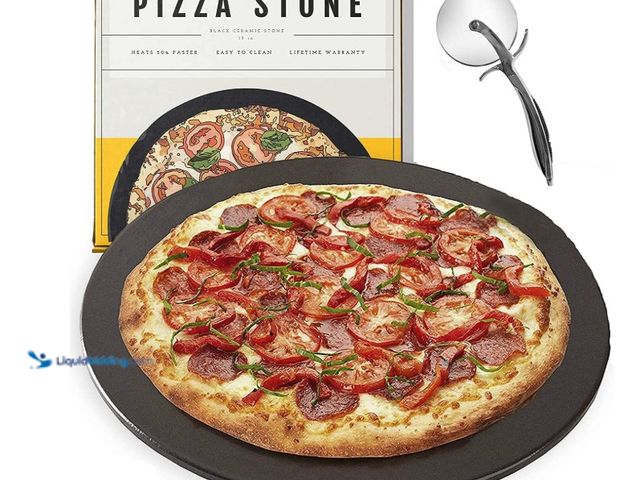 Lot 49-1557281 - Heritage 15" Ceramic Pizza Stone Set - Non-Stick, Stain-Free with Bonus Cutter - Black, Multipurpose...