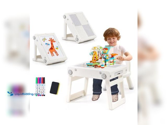 Lot 49-3432157 - Toddler Table and Chair Set, Foldable Building Block Table for Kids, Double-Sided Drawing & Building...
