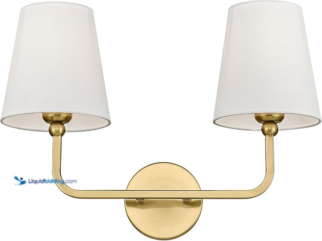 Lot 49-5477860 - METWET 2 Light Bathroom Vanity Light, Brushed Gold Double Wall Sconce with Flared White Fabric Shade...