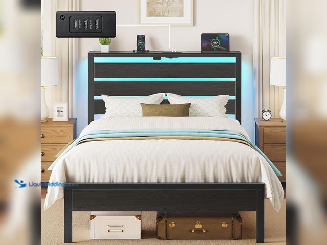 Lot 49-3531322 - Rolanstar Bed Frame Twin Size with USB Charging Station, LED Bed Frame with Wood Storage Headboard, ...