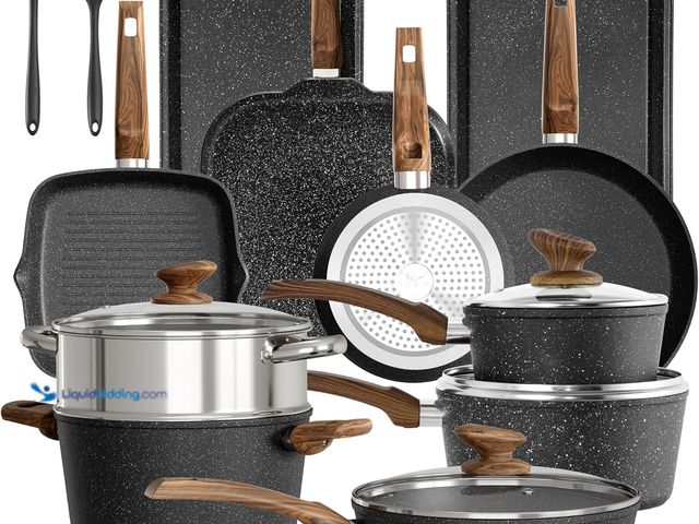 Lot 49-5484412 - DishDelight 17 Piece Pots and Pans Set Non Stick, Nonstick Induction Granite Kitchen Cookware Set, N...