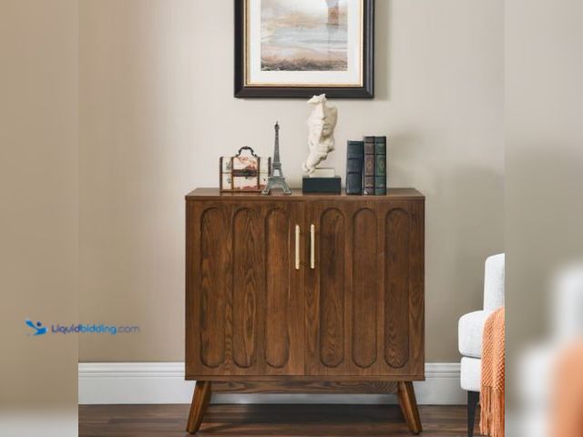 Lot 49-3562108 - LOVMOR Mid Century Modern Fluted Sideboard Cabinet with Adjustable Shelves Solid Wood Legs Buffet Ca...