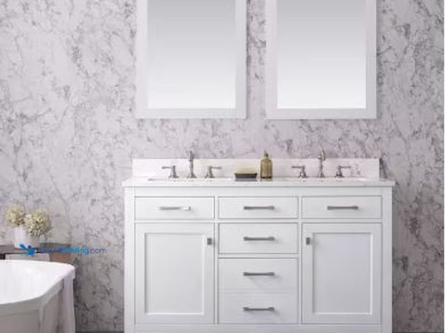 Lot 49-5436363 - SUDIO Jasper 54 in. W x 22 in. D Bath Vanity in White with Engineered Stone Vanity Top in Carrara Wh...