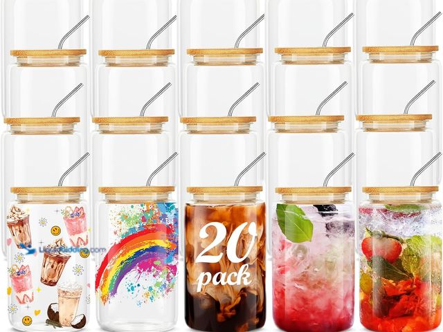 Lot 49-3535334 - 20Pcs Glass Cups With Bamboo Lids and Straws,16Oz Ice Coffee Cup,Drinking Glasses Cups Set,Water Bot...