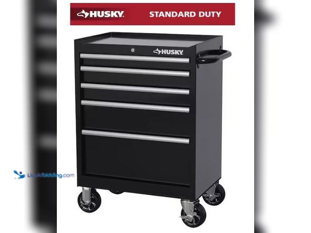 Lot 49-1569286 - Husky Tool Storage 27 in. W x 18 in. D 5-Drawer Gloss Black Rolling Tool Cabinet, Model # H27TR5BLK,...