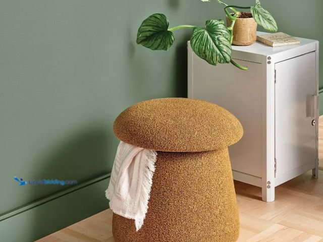Lot 49-5538544 - Mushroom Upholstered Storage Ottoman Gold Boucle - Room Essentials™. Model #196761470876. Unused