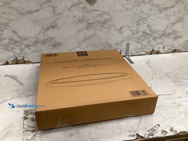 Lot 49-5573171 - Acacia Wood and Marble Lazy Susan, Unused, Marble Top Broken