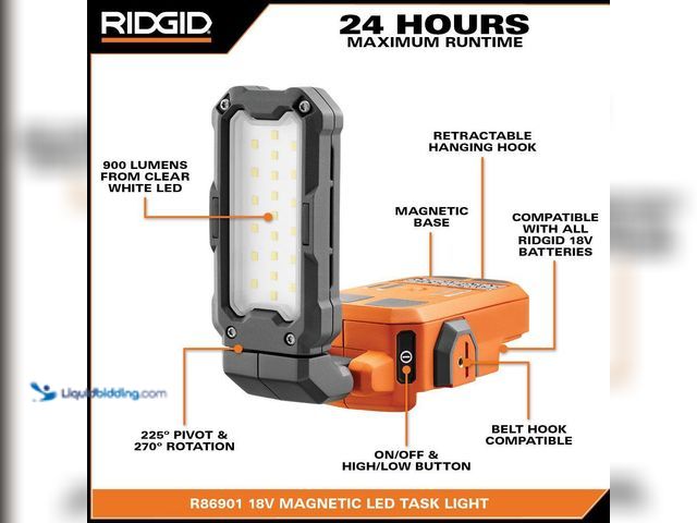 Lot 49-3566119 - RIDGID
18V Cordless Magnetic Task Light. Model # R86901KSB. Light only. NO battery or charger.