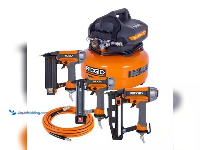 Lot 49-3432568 - RIDGID 6 Gal. 150 PSI Electric Air Compressor with 25 ft. Hose, 18GA Brad Nailer, 16GA Finish Nailer...