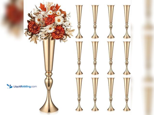 Lot 49-3433579 - (12) Pcs Tall Gold Trumpet Vases for Centerpieces & Wedding Tables - 21.65" Tall Gold Flower Vase Se...