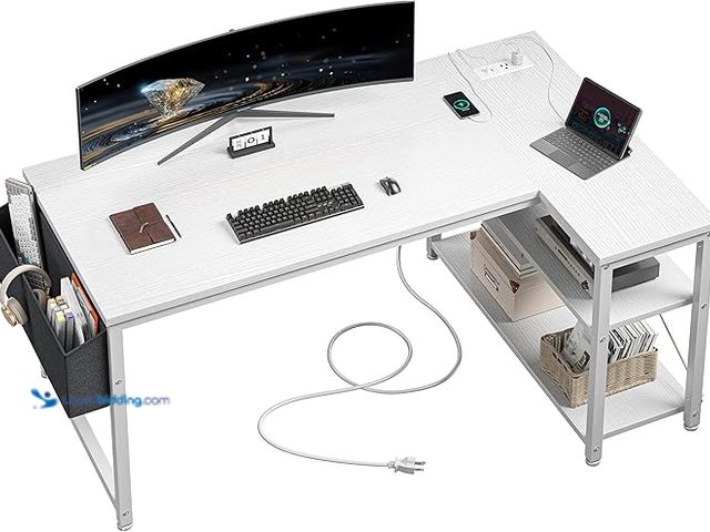 Lot 49-1557112 - EnHomee 48 Inch L Shaped Computer Desk with Storage Shelves & Side Bag, Office Desk with Power Outle...