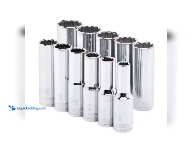 Lot 49-1578098 - (11-Piece) Husky 1/2 in. Drive Deep SAE Socket Set, Model # H2DDPSAE11PCSR, Slightly used.  Ref#AHDS...