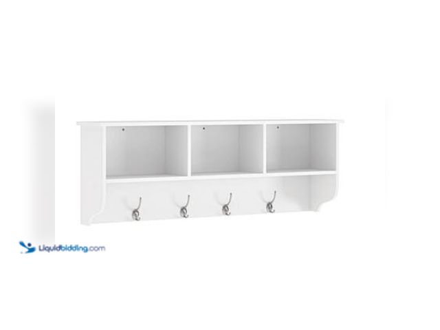 Lot 49-5544125 - Tahanbath White Entryway Wall Mounted Coat Rack with 4-Dual Hooks Living Room Wooden Storage Shelf. ...