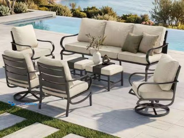Lot 49-1625581 - Black Slatted Metal Outdoor Patio Conversation Set with Beige Cushions, Model # DC7EGF145435642, Sli...