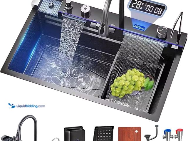 Lot 49-5437753 - Kitchen sink double waterfall sink with LED display with cup washer, soap dispenser, waterfall mixer...