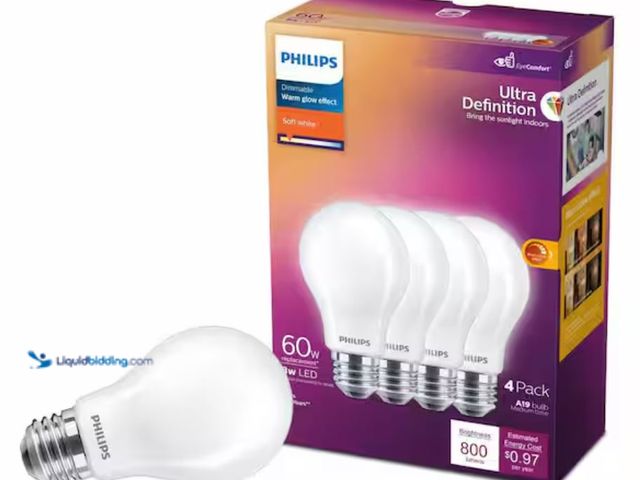 Lot 49-1631333 - Lot of (4) boxes of Philips 60-Watt Equivalent A19 Ultra Definition Dimmable E26 LED Light Bulb EyeC...