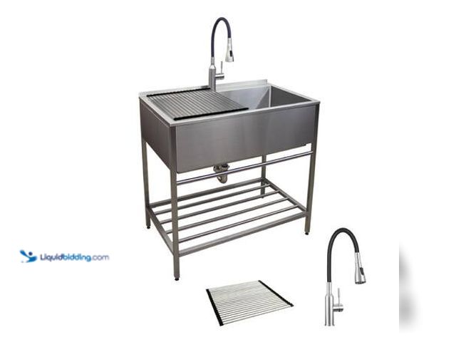 Lot 49-5553590 - Transolid 36 in. x 22 in. x 34 in. Stainless Steel Apron-Front Freestanding Utility/Laundry Sink wit...