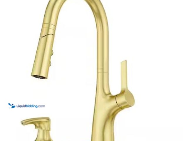 Lot 49-1625184 - Pfister Ceylon Brushed Gold Single Handle High-Arc Kitchen Faucet with Deck Plate and Soap Dispenser...