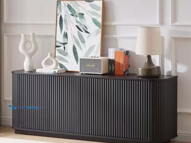 Lot 49-1523225 - Black Particle Board 64 in. Modern Sideboard Buffet Storage Cabinet Coffee Bar Cabinet with Adjustab...