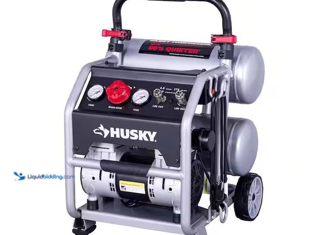 Lot 49-1576942 - Husky 4.5 Gal. 175 PSI Portable Electric Oil-Free Quiet Twin Stack Jobsite Air Compressor w/Rubber W...