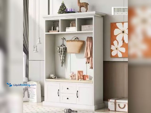 Lot 49-1524685 - Harper & Bright Designs
White 3-in-1 Design Hall Tree with 3 Hooks, 2 Drawers and Cushioned Storage ...