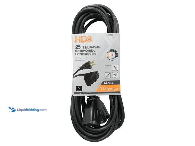 Lot 49-5541695 - 25 ft. 16/3 Light Duty Indoor/Outdoor Extension Cord with Multiple Outlet Triple Tap End, Black (2pa...