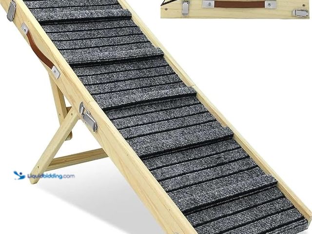 Lot 49-3600397 - Folding Wooden Dog Ramp with Adjustable Height, Non-Slip Carpet Surface Portable Lightweight Ramp fo...