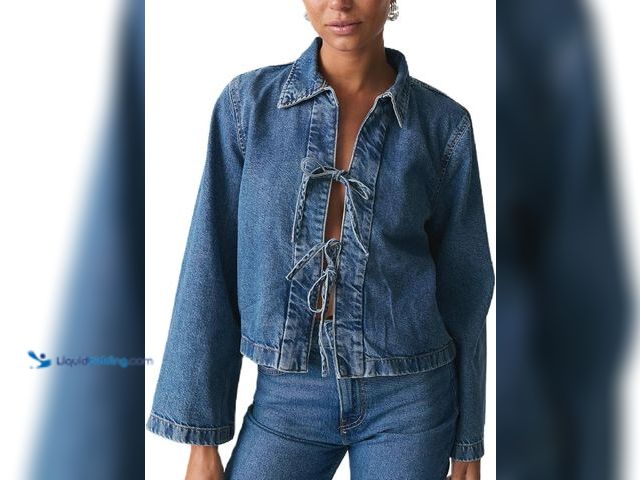 Lot 49-3514542 - Women Fashion Cropped Denim Jacket Tie Front Lapel Neck Long Sleeve Jean Coat Lightweight Shacket Fa...