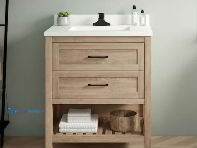 Lot 49-2020952 - Home Decorators Collection Autumn 30 in. Single Sink Freestanding Weathered Tan Bath Vanity with Whi...