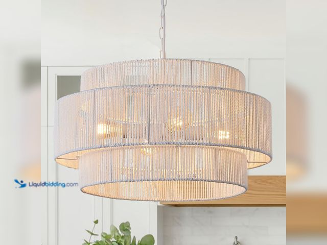 Lot 49-5453632 - 3-Tier Large Rattan Chandelier, 22.8in White Boho Coastal Pendant Lights, Woven Hemp Rope Hanging Ce...