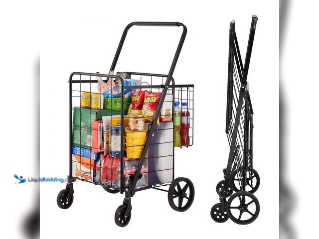 Lot 49-1570176 - VEVOR Folding Shopping Cart, Jumbo Grocery Cart with Double Baskets, 360° Swivel Wheels, Heavy Duty ...