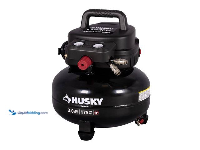 Lot 49-5447661 - Husky 6 Gal. 175 PSI Electric Oil-Free High Performance Jobsite Pancake Air Compressor with Dual Gau...
