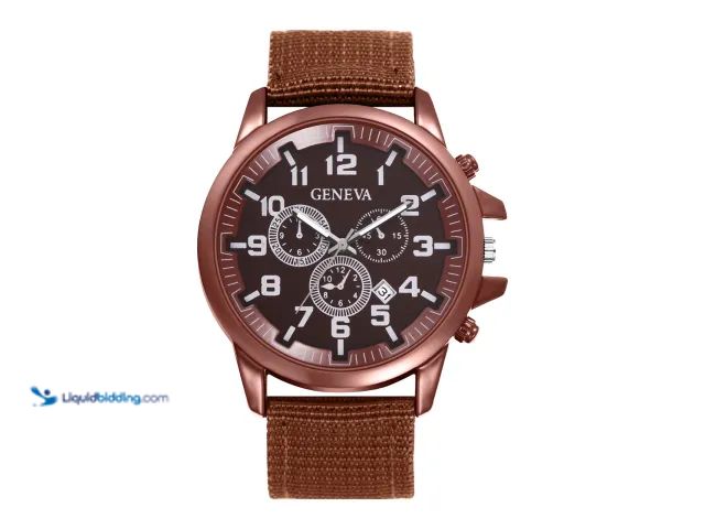 Lot 49-1803891 - Geneva Quartz Wrist Watch with Date Display and Nylon Strap - Brown - Rugged alloy case with 1ATM wa...